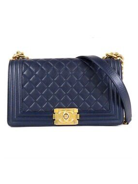 Chanel Boy Navy Gold Caviar Leather Chain Shoulder Bag